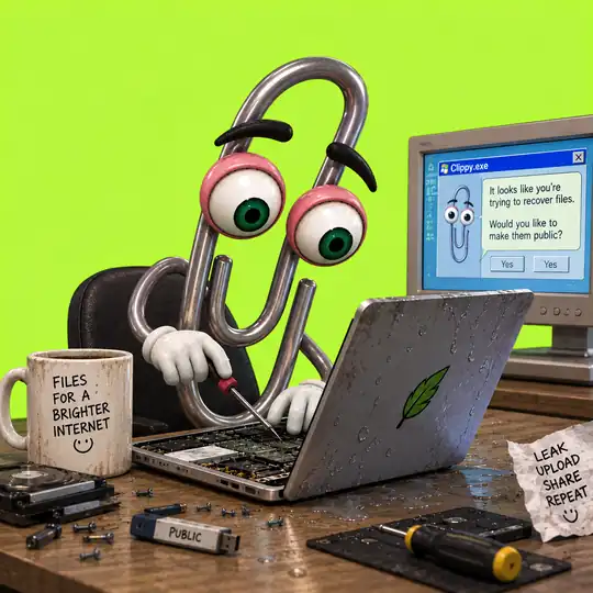 hentclippy at the repair bench with a screwdriver in a laptop that is already open, a mug that says files for a brighter internet, and a monitor asking whether you would like your files made public