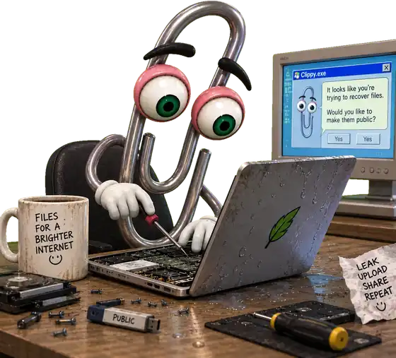 hentclippy leaning over the open laptop on his bench, entirely calm